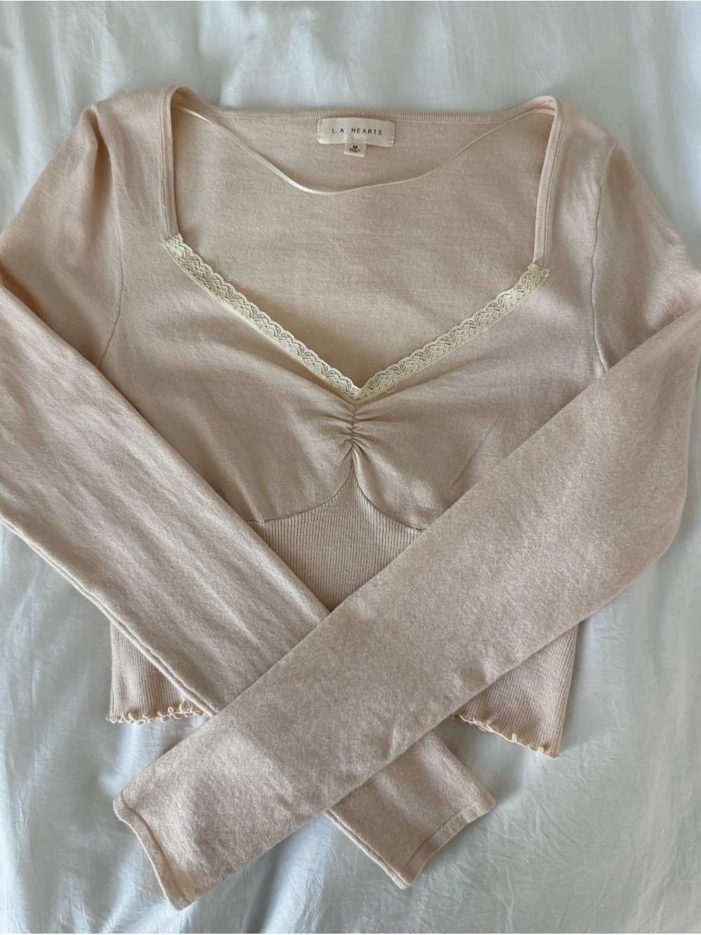 La Hearts Pale Pink Lace-Trim Long Sleeve Knit Top